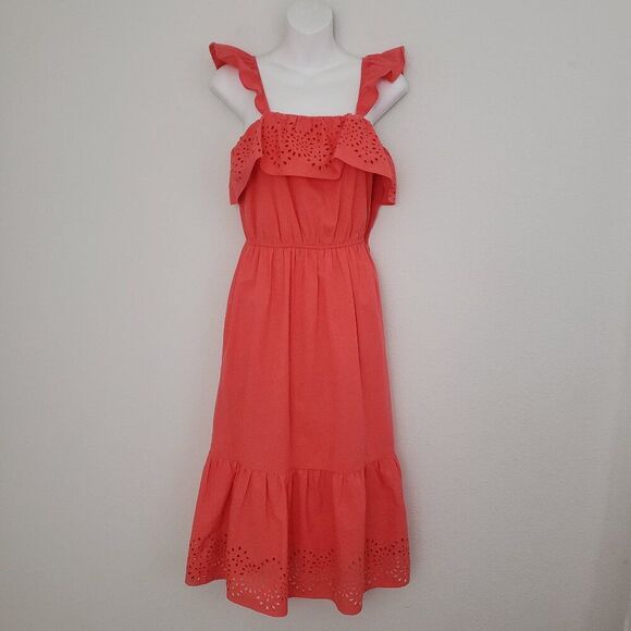 Lauren Conrad Midi Dress Small Orange Eyelet Ruffles Tiered Cottagecore - Picture 1 of 9